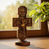 Double-Sided Icon Wood Carving ✝️ | Hand-Carved Crucifix & Saints Beechwood Wall Art
