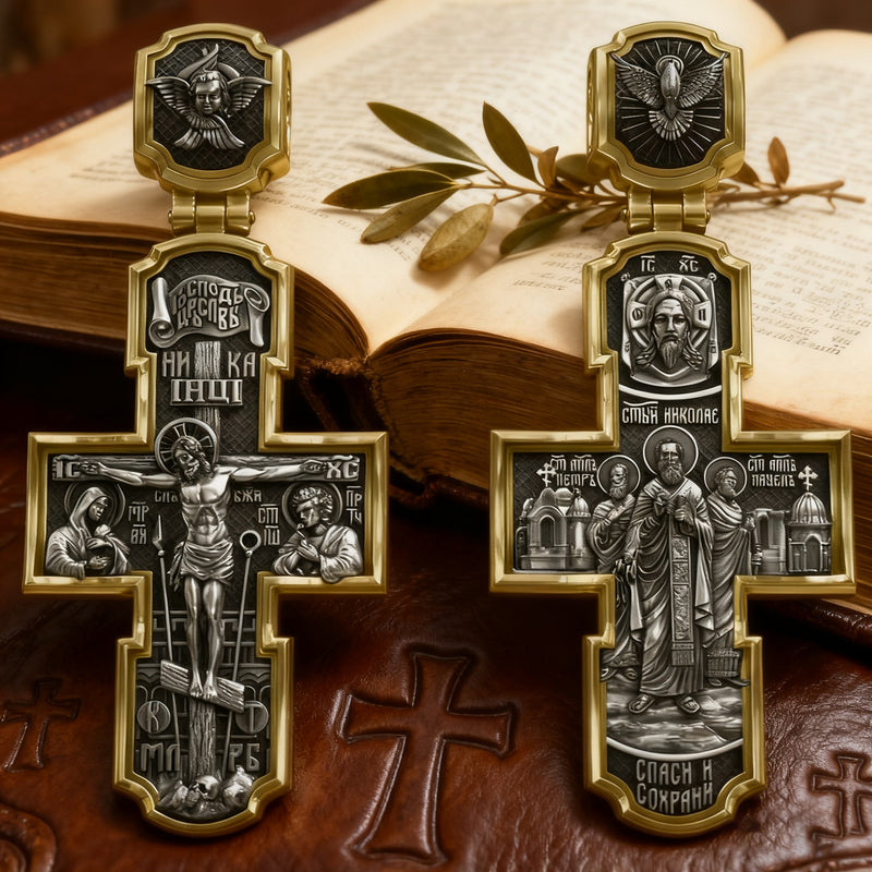 Orthodox S925K Silver Double-Sided Engraved Jesus Christ Crucified and Saints Orthodox Necklace