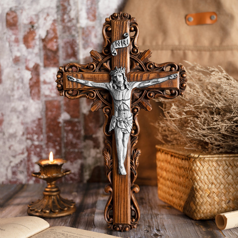 Silver painted version Ash wood Crucifix ，Jesus Christ, wooden Cross gift of love