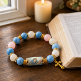 Chalcedony Cross Beaded Bracelet, Vintage Religious Printed Tube Bead Faith Jewelry for Women