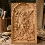Hand-Carved Archangel Saint Michael Wood Wall Plaque | Catholic Home Decor | Christian Wall Art - product view