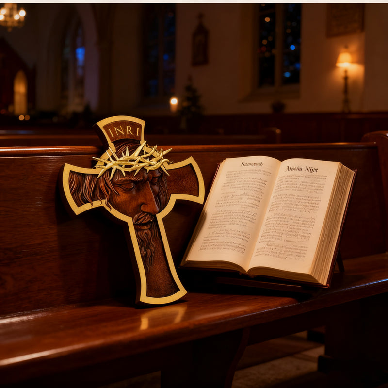 Sacred Thorn Crown Wooden Cross ✝️ | Hand-Carved Beechwood Crucifix with Crown of Thorns