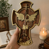 Hand-Carved Beechwood Archangel Michael Wall Cross – Quis Ut Deus Christian Home Decor