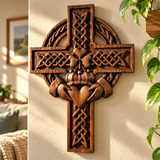 Hand-Carved Beechwood Celtic Claddagh Wall Cross – Irish Christian Faith Home Décor