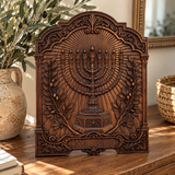 Hand-Carved Beech Wood Menorah & Olive Tree Plaque – Jewish Faith Home Décor