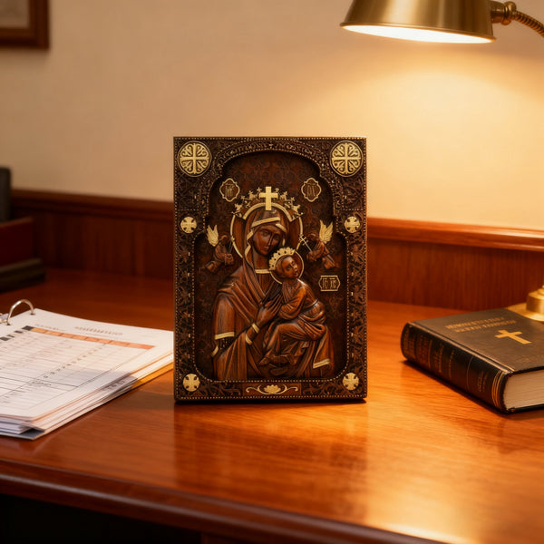 Our Lady of Perpetual Help Wood Art - Hand-Carved Catholic Gift - Mother Mary Comfort Figure
