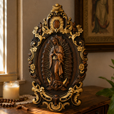 Religious gift with rich details of the wooden statue of Our Lady of Guadalupe