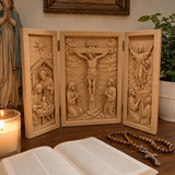 The Life of Christ Hand-Carved Beechwood Triptych – From Nativity to Resurrection Glory - design detail
