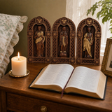 Holy Family Jesus Mary Joseph Arched Wooden Statue Set Tabletop Display