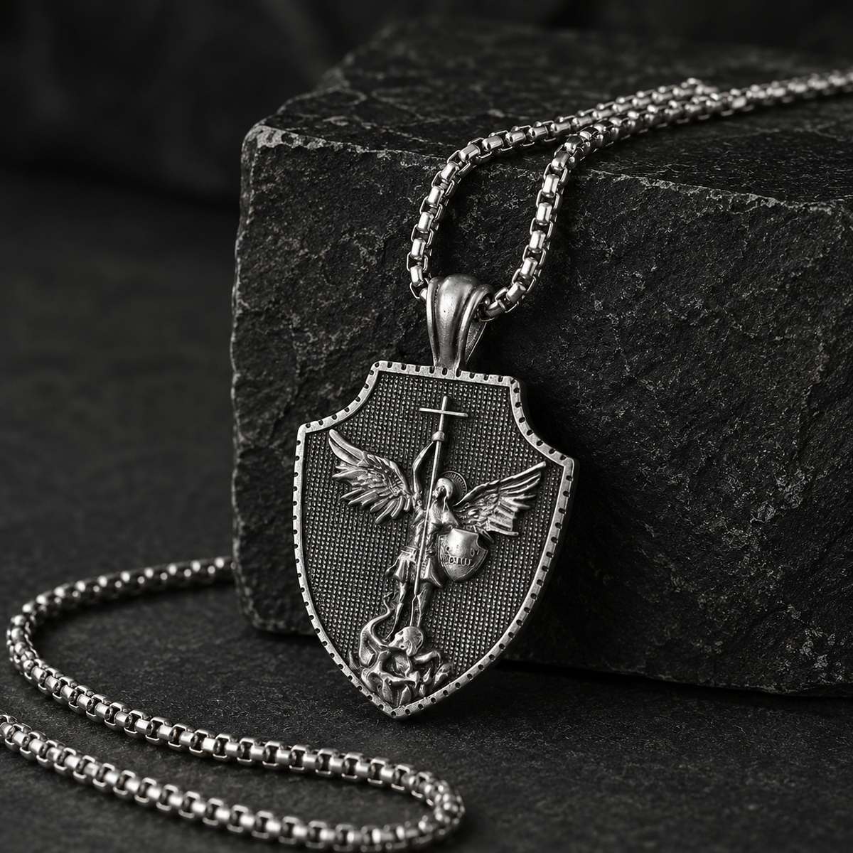 Saint Michael Shield Pendant Necklace – Pure Tin Protection Medal