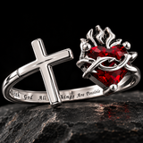 Sacred Heart of Jesus Thorn Flame Cross Adjustable Open Ring - product view
