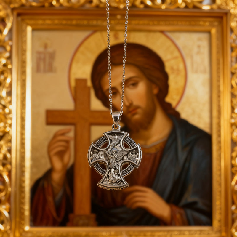 Double Sided 925 Sterling Silver Religious Pendant - Crucifixion of Christ & St. Michael Medal - Choose from 5 Chain Styles - Free Polishing Cloth