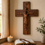 Hand-Carved Beechwood Holy Trinity Crucifix Wall Cross – Christian Home Prayer Decor - faith-inspired design detail
