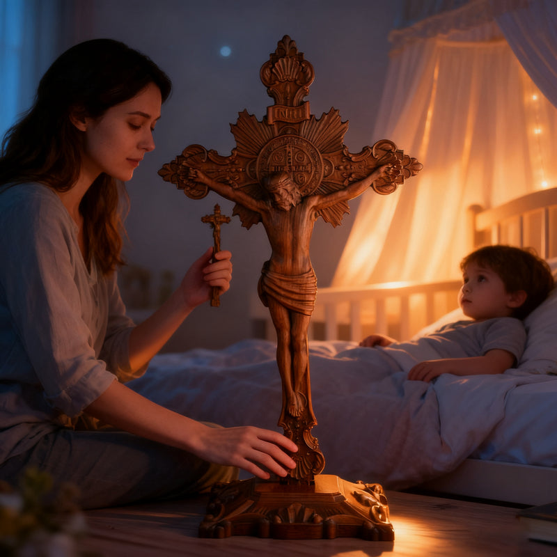 Wood carving of the Cross of the Order of Saint Benedict - with base