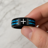 Black Polished Blue Opal Inlay Laser Engraved Cross Stainless Steel Ring