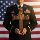 Hand-Carved Beechwood Veteran Cross Wall Plaque | USA Eagle | Proudly Served | Military Gift