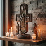 Double-Sided Icon Wood Carving ✝️ | Hand-Carved Crucifix & Saints Beechwood Wall Art
