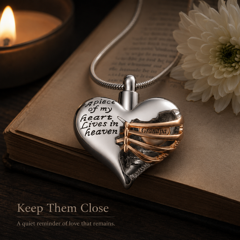 Memorial heart necklace beside a candle and remembrance flower