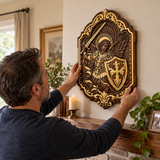 St. Michael Archangel Hand-Carved Wooden Wall Plaque – Sword & Shield of Divine Protection