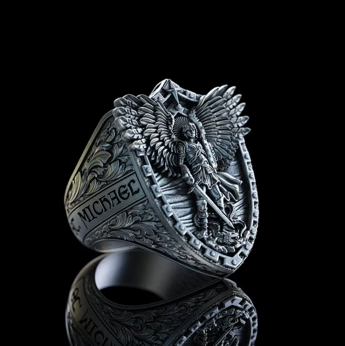 Archangel Michael Titanium Steel Bracelet S925K Silver Ring Set
