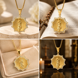 Gold Octagonal Star CZ Our Lady of Guadalupe Necklace, 3D Embossed Radiant Titanium Steel Religious Pendant Box Chain for Men