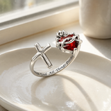 Sacred Heart of Jesus Thorn Flame Cross Adjustable Open Ring