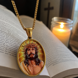3D Embossed Enamel Crown of Thorns Jesus Oval Stainless Steel Necklace