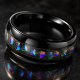 Black Tungsten Ring with Crushed Opal Inlay, 8mm Galaxy Star Dome Band, Meteorite Texture Wedding Band, Unique Promise Ring Gift for Men & Women