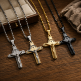 Crucifix Cross Necklace with Crystals, 316L Stainless Steel Religious Pendant for Men