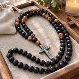 Black Stone & Wood Bead Crucifix Rosary Necklace – 70cm Christian Prayer Rosary