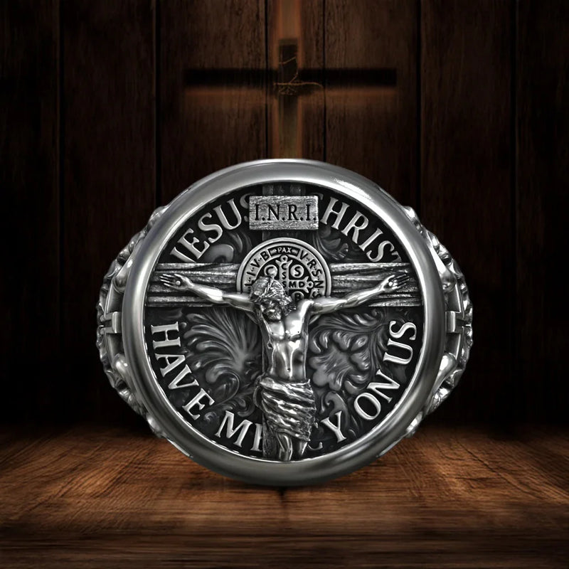S925K Silver Jesus Crucifixion St. Benedict Medal Ring - BGCOPPER