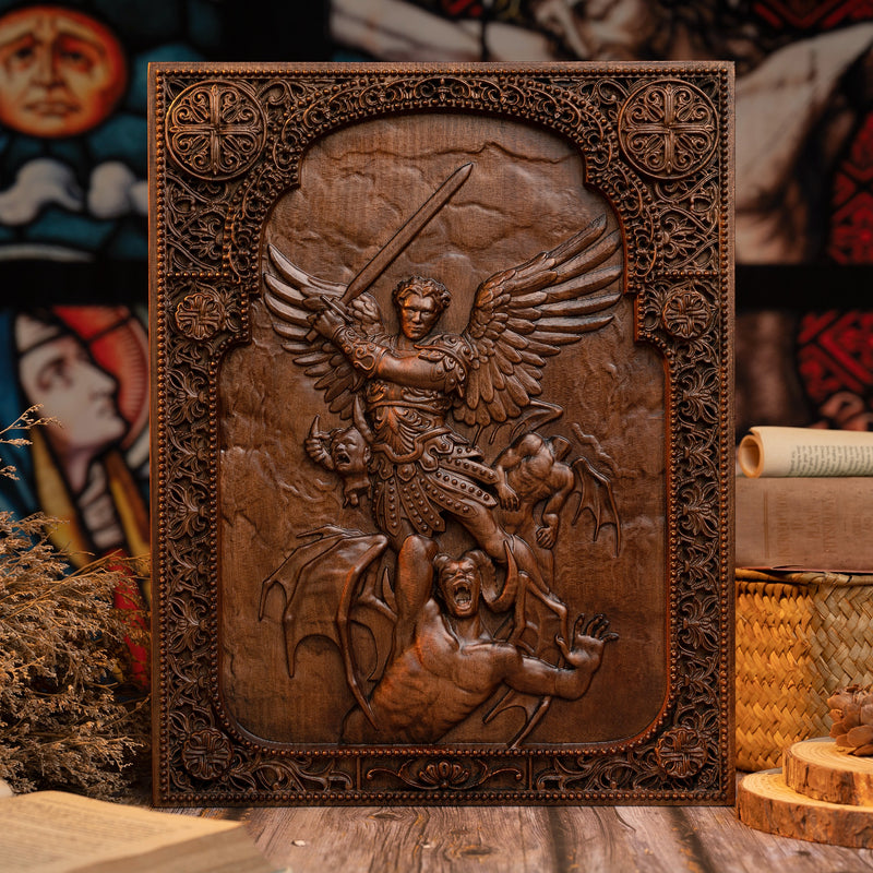 Archangel Michael natural solid wood religious wood carving - The Holy Sword Slays Demons