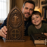 Hand-Carved Beechwood St. Benedict Medal Desktop Ornament