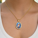 Iced Oval Praying Virgin Mary Portrait Pendant Necklace, 316L Stainless Steel Gold Plated Our Lady Medal Necklace With Rope Chain Religious Jewelry