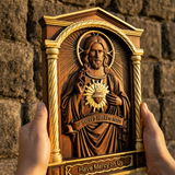 Sacred Heart of Jesus Hand-Carved Beechwood Relief - Divine Mercy Home Altar Decor