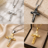 Crucifix Cross Necklace with Crystals, 316L Stainless Steel Religious Pendant for Men