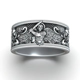 S925K Silver Archangel Michael Ring | Sacred Protection and Baroque Rococo Style Engravings