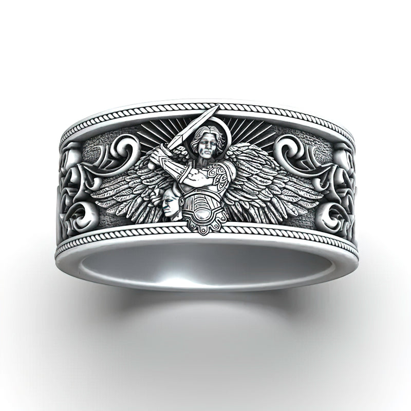 S925K Silver Archangel Michael Ring | Sacred Protection and Baroque Rococo Style Engravings