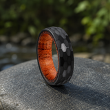 Hammered Titanium Steel Ring with Natural Wood Inner Liner, 6mm Vintage Domed Band, Rustic Wooden Inlay Wedding Promise Ring for Men & Women