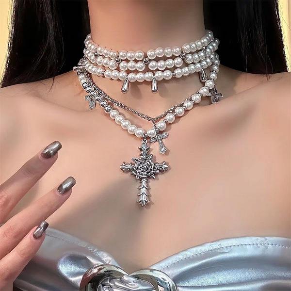 Multi-layer cross pearl necklace