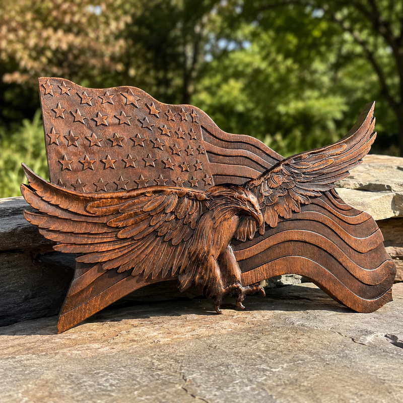 Wood eagle plaque displayed in a warm home setting