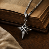Vintage North Star Men Stainless Steel Necklace, Wrapped Cross Black CZ 4‑Point Star Pendant With Box Chain