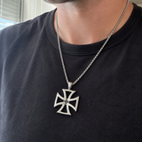 Men's Hollow Maltese Cross Stainless Steel Necklace, Vintage Knight Pendant Box Chain For Men