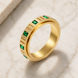 6mm Grooved Square Green CZ Rotatable Spinner Stainless Steel Ring