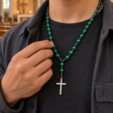 Green Malachite-Style Bead Christian Cross Prayer Rosary Necklac