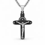 Crucifix Cross Necklace with Crystals, 316L Stainless Steel Religious Pendant for Men