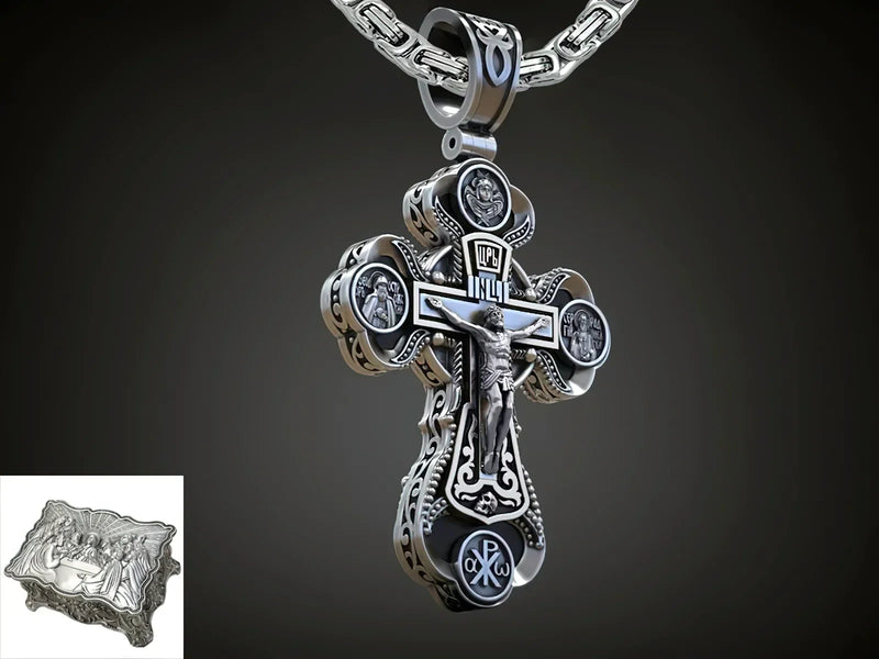 Jesus Virgin Mary Trinity Double Sided Engraved S925K Silver Cross Necklace - BGCOPPER