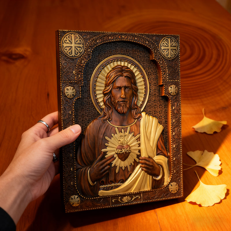 Our Lord Jesus Sacred Heart Wood Carving - Christian Catholic Personalized Carving Gift