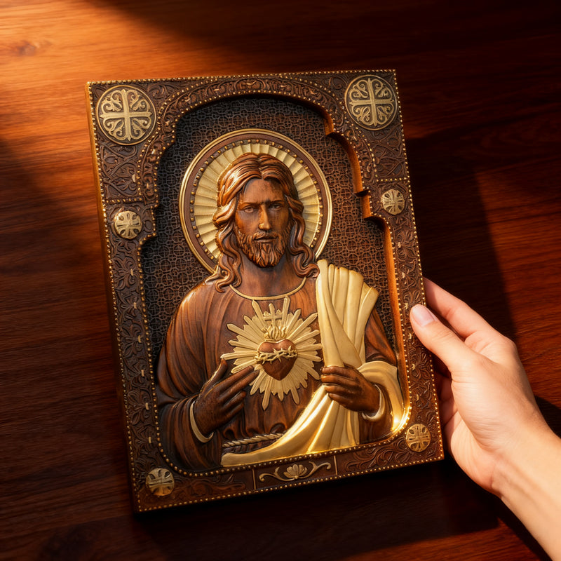 Our Lord Jesus Sacred Heart Wood Carving - Christian Catholic Personalized Carving Gift