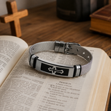 Men’s Christian Cross Mesh Bracelet – Stainless Steel Faith Wristband in Gold or Black - product view